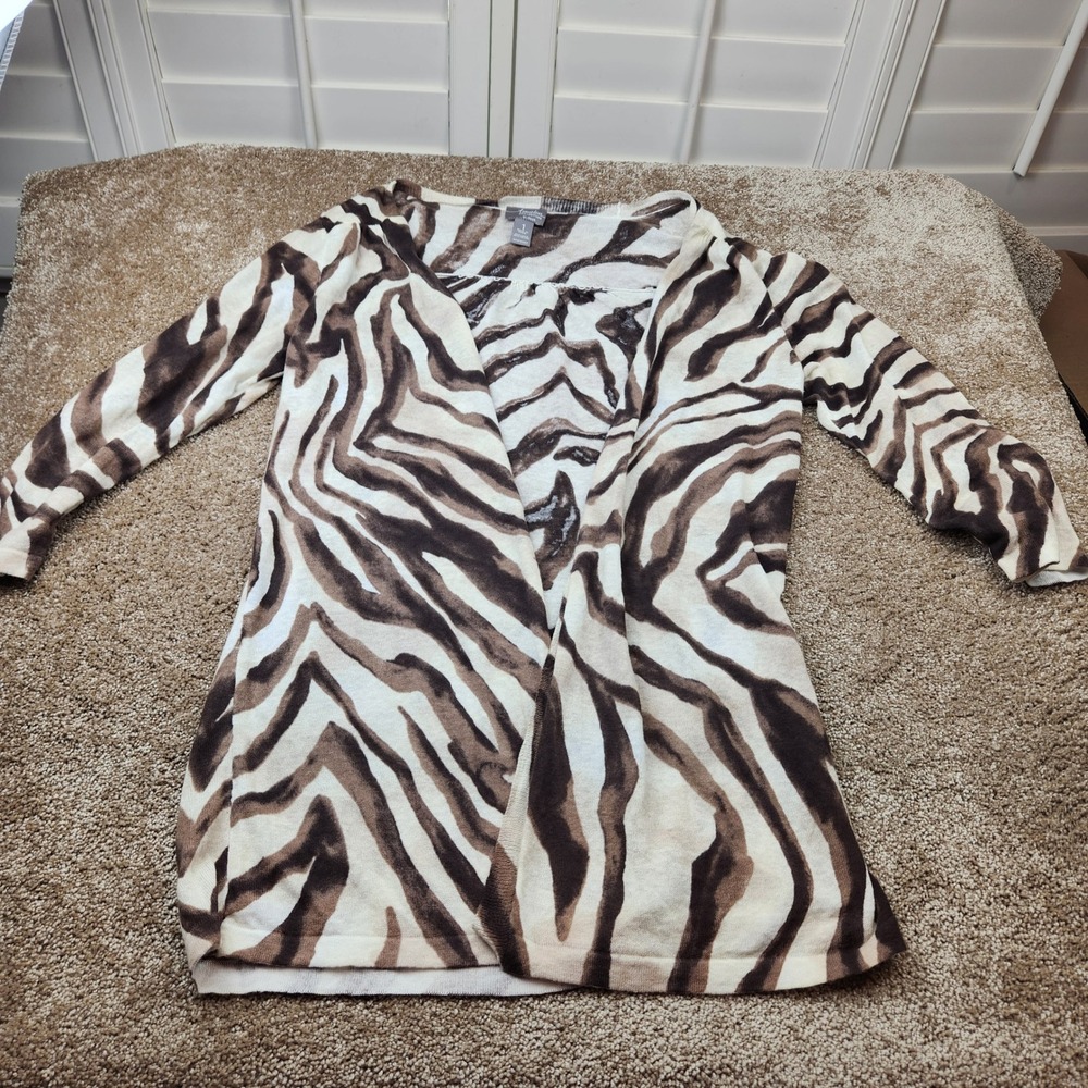 Chicos Travelers Collection Brown Zebra Animal Print Linen Cotton Cardigan Sz 1